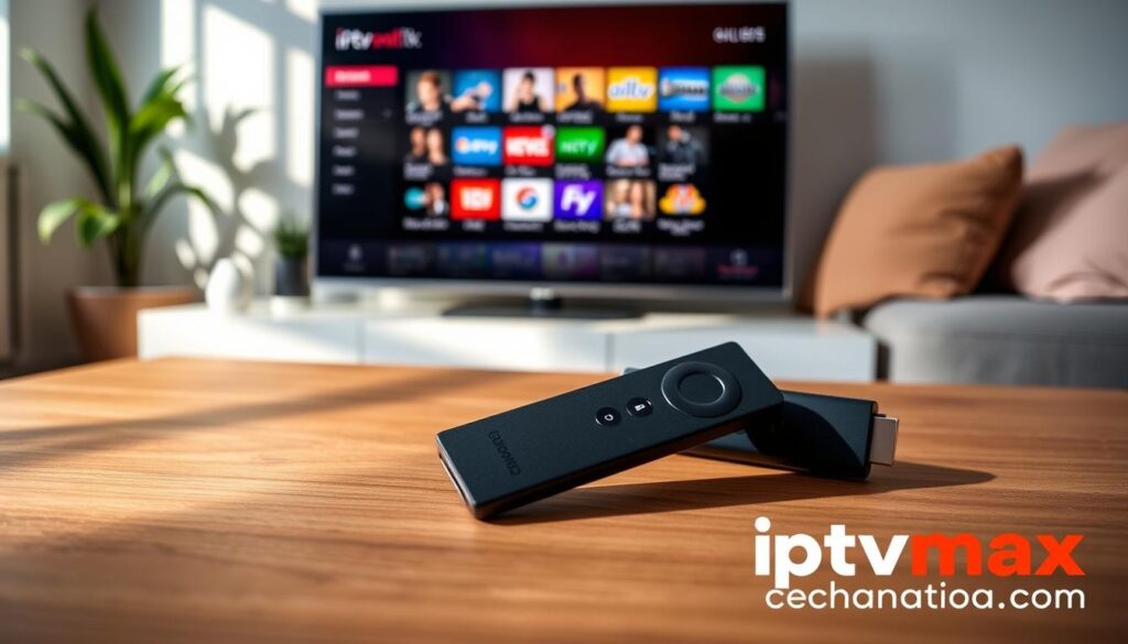 A modern living room setting with a focus on a sleek Amazon Firestick remote placed on a wooden coffee table. The foreground features a stylish flat-screen TV displaying colorful IPTV channel listings. In the middle ground, there are two Firestick devices of different styles, one with a glossy black finish and the other in a matte texture, showcasing their design diversity. The background includes a cozy sofa with soft cushions and ambient lighting, creating a warm atmosphere. Soft daylight filters through a window, casting gentle shadows. A subtle hint of greenery from a nearby plant adds a refreshing touch. The scene conveys a sense of comfort and technology, perfect for choosing an IPTV device in Canada. Include the logo of "iptvmaxcanada.com" subtly in the corner, maintaining a professional and minimalist design.