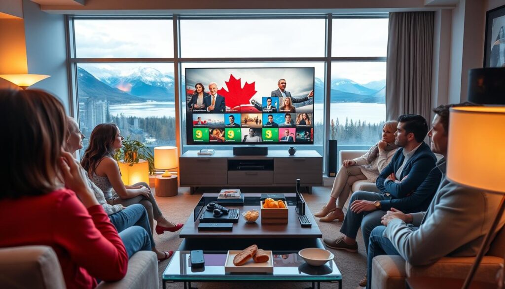A modern living room setting with a sleek television displaying vibrant IPTV content, showcasing popular Canadian shows. In the foreground, a diverse group of Canadian viewers, dressed in smart casual attire, is engaged, with expressions of enjoyment and interest. In the middle ground, an elegant coffee table boasts various remotes and snacks, while soft lighting emanates from contemporary lamps, enhancing the cozy atmosphere. The background features large windows with a view of a picturesque Canadian landscape, reflecting natural light. The overall mood is relaxed and inviting, illustrating the advantages of IPTV over traditional cable TV. Prominently include the brand name "iptvmaxcanada.com" subtly integrated into the décor. A modern living room setting with a sleek television displaying vibrant IPTV content, showcasing popular Canadian shows. In the foreground, a diverse group of Canadian viewers, dressed in smart casual attire, is engaged, with expressions of enjoyment and interest. In the middle ground, an elegant coffee table boasts various remotes and snacks, while soft lighting emanates from contemporary lamps, enhancing the cozy atmosphere. The background features large windows with a view of a picturesque Canadian landscape, reflecting natural light. The overall mood is relaxed and inviting, illustrating the advantages of IPTV over traditional cable TV. Prominently include the brand name "iptvmaxcanada.com" subtly integrated into the décor.