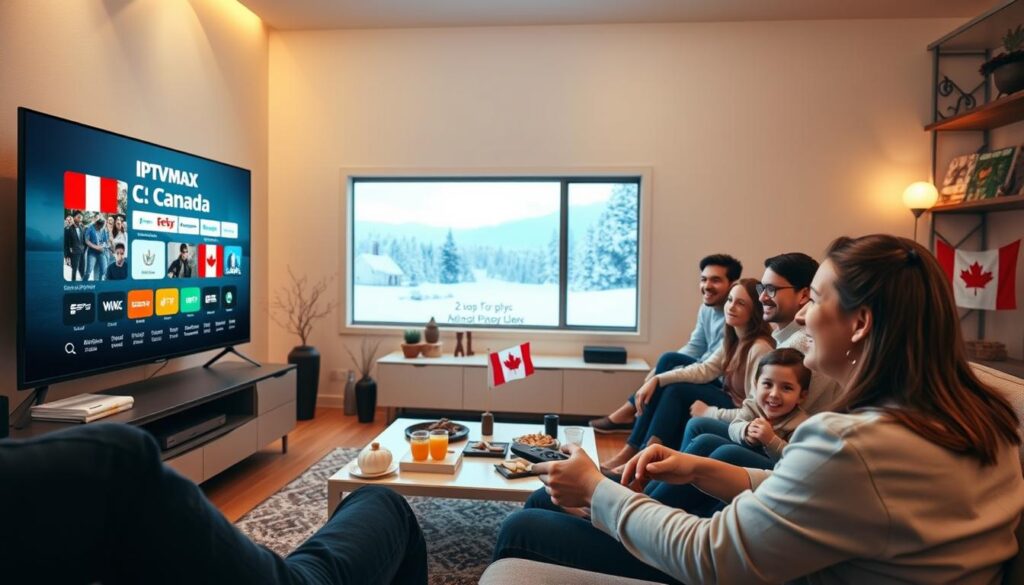 A modern living room setup designed for Canadian IPTV viewers, featuring a stylish entertainment center with a large flat-screen TV displaying the user interface of iptvmaxcanada.com. In the foreground, a cheerful family of four is gathered on a comfortable sofa, dressed in casual but professional attire, happily navigating through channels on a sleek remote control. The middle ground showcases a contemporary coffee table with snacks and drinks, while the background features Canadian-themed decorations, such as a small flag and a scenic winter landscape visible through a window. Soft, warm lighting creates an inviting atmosphere, with a focus on the vibrant screen, captured from a slightly elevated angle to emphasize the family interaction.