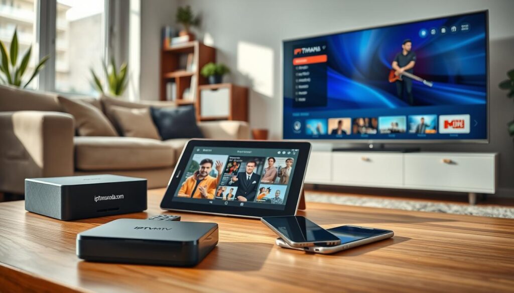 A modern living room setup featuring various IPTV compatible devices prominently displayed. In the foreground, a sleek smart TV showing a vibrant streaming interface, with a remote control beside it. To the left, a compact streaming box with the brand "iptvmaxcanada.com" clearly visible on its side. In the middle, a stylish tablet showcasing streaming options, and an elegant smartphone resting nearby. The background features a cozy couch and decorative elements like indoor plants and bookshelves, giving a warm and inviting atmosphere. Soft natural lighting enters through a window, highlighting the sleek design of the devices. The angle is slightly elevated to capture all elements cohesively, creating a tech-savvy yet comfortable scene. No text or branding beyond the specified device. A modern living room setup featuring various IPTV compatible devices prominently displayed. In the foreground, a sleek smart TV showing a vibrant streaming interface, with a remote control beside it. To the left, a compact streaming box with the brand "iptvmaxcanada.com" clearly visible on its side. In the middle, a stylish tablet showcasing streaming options, and an elegant smartphone resting nearby. The background features a cozy couch and decorative elements like indoor plants and bookshelves, giving a warm and inviting atmosphere. Soft natural lighting enters through a window, highlighting the sleek design of the devices. The angle is slightly elevated to capture all elements cohesively, creating a tech-savvy yet comfortable scene. No text or branding beyond the specified device.