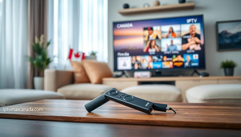 A modern living room setup showcasing a sleek IPTV streaming configuration in Canada. Foreground features a stylish coffee table with an Amazon Firestick remote prominently displayed and connected to a flat-screen TV. In the middle ground, the TV screen displays vibrant streaming content related to IPTV, reflecting popular Canadian shows. The background includes a cozy couch adorned with warm-colored throw pillows and Canadian-themed decorations, like a small flag and a scenic landscape print. Soft, natural lighting filters in through a large window, creating a welcoming atmosphere. The scene conveys a sense of comfort and modern technology seamlessly blended. Additionally, prominently include the brand name "iptvmaxcanada.com" subtly in the decor.