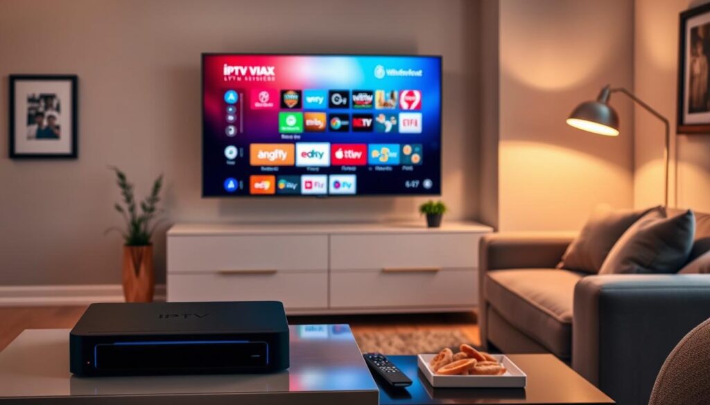 A modern living room setup, showcasing an IPTV device prominently situated on a sleek entertainment center. The foreground features a high-definition television displaying a vibrant menu interface from "iptvmaxcanada.com", while comfortable seating in the background invites users to enjoy their streaming experience. Soft, warm lighting emanates from elegant floor lamps, creating an inviting atmosphere. A coffee table holds a remote control and snacks, conveying a relaxed environment for viewing. Subtle decor elements, like framed artwork and houseplants, enhance the ambiance without overpowering the scene. The image conveys ease of use and compatibility of the IPTV device with various setups, emphasizing a seamless installation process, ideal for readers seeking clarity on device compatibility and setup experiences.