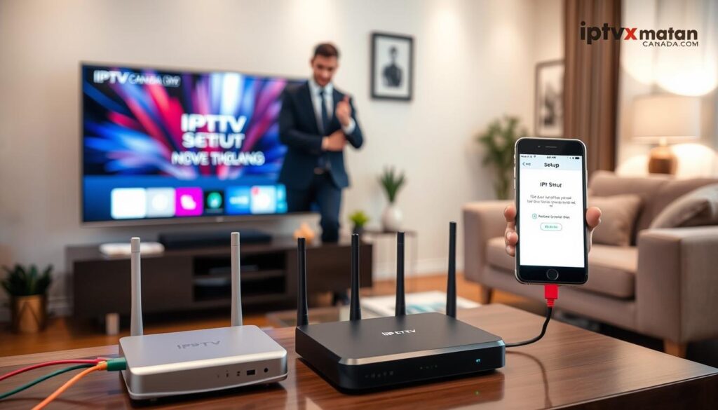 A modern living room setup showcasing the easy and quick IPTV Brampton Ontario installation process. In the foreground, a sleek smart TV is connected to a compact IPTV box and router, with colorful cables neatly organized. In the middle, a person in professional business attire poses confidently while inspecting a smartphone displaying the IPTV setup app, ensuring a seamless process. The background features a cozy atmosphere with soft lighting, inviting furniture, and decorative elements, creating a warm feel. A blur effect enhances the focus on the IPTV setup scene. The room reflects a modern aesthetic, embodying a contemporary lifestyle, while including the branding "iptvmaxcanada.com" subtly in the space. The overall mood is efficient and user-friendly, showcasing convenience in streaming technology.