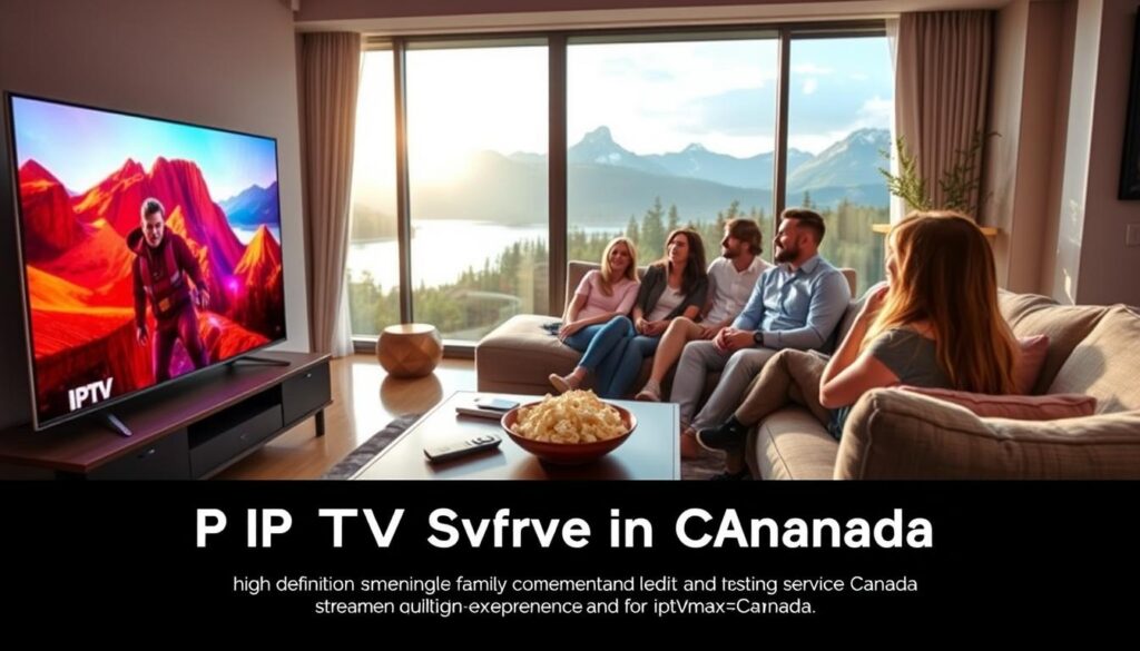 A modern living room setup showcasing the theme of IPTV Service in Canada. In the foreground, a sleek, flat-screen TV displays vibrant, high-definition streaming content, hinting at the quality of the service from iptvmaxcanada.com. A contemporary coffee table features a remote control and a bowl of popcorn, indicating a cozy movie night atmosphere. The middle ground includes a comfortable sofa with plush cushions, where a family is comfortably seated, dressed in casual yet presentable clothing, enjoying their streaming experience. In the background, large windows reveal a serene Canadian landscape, with soft sunlight streaming in, enhancing the warm and inviting atmosphere. The image captures a sense of connection, enjoyment, and family time centered around quality entertainment. The overall mood is relaxed and cheerful, emphasizing the reliable IPTV service. A modern living room setup showcasing the theme of IPTV Service in Canada. In the foreground, a sleek, flat-screen TV displays vibrant, high-definition streaming content, hinting at the quality of the service from iptvmaxcanada.com. A contemporary coffee table features a remote control and a bowl of popcorn, indicating a cozy movie night atmosphere. The middle ground includes a comfortable sofa with plush cushions, where a family is comfortably seated, dressed in casual yet presentable clothing, enjoying their streaming experience. In the background, large windows reveal a serene Canadian landscape, with soft sunlight streaming in, enhancing the warm and inviting atmosphere. The image captures a sense of connection, enjoyment, and family time centered around quality entertainment. The overall mood is relaxed and cheerful, emphasizing the reliable IPTV service.