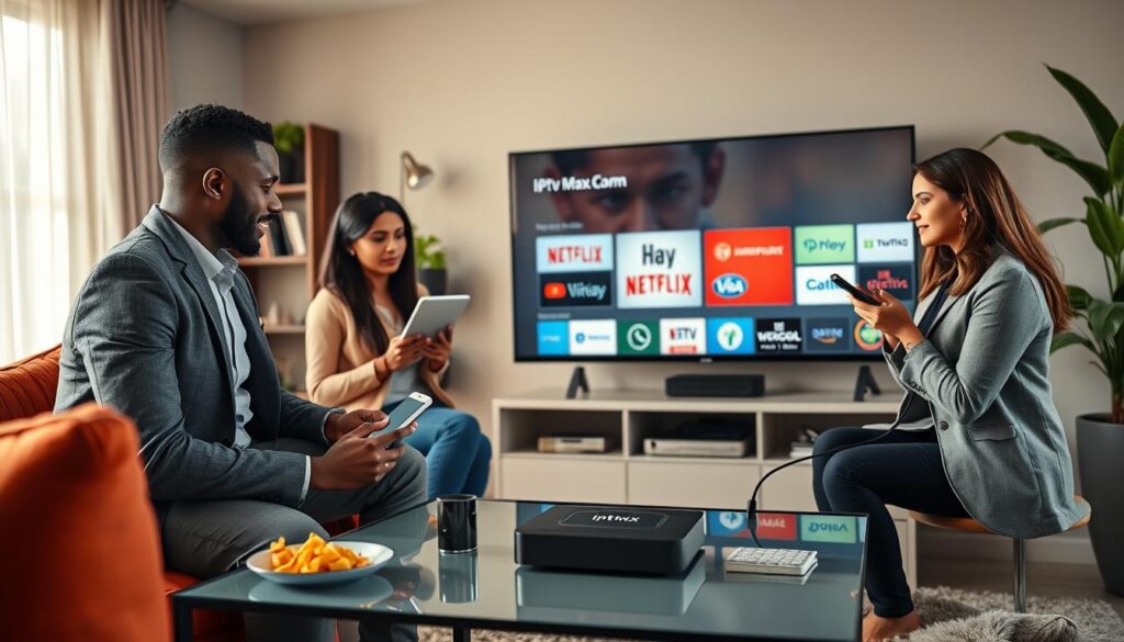 A modern living room setup with a sleek IPTV A Box connected to a large flat-screen TV, showcasing various streaming service logos. In the foreground, a diverse group of three professionals, a Black man, a South Asian woman, and a Hispanic woman, dressed in smart casual attire, are engaged in a discussion while holding tablets and smartphones. In the middle ground, you can see the IPTV A Box with the brand logo “iptvmaxcanada.com” visible, alongside a stylish coffee table with snacks. The background features a cozy, well-lit space with bookshelves and plants, casting a warm atmosphere. Soft, natural lighting enhances the inviting setting, captured from an eye-level angle to emphasize interaction and decision-making about streaming services. A modern living room setup with a sleek IPTV A Box connected to a large flat-screen TV, showcasing various streaming service logos. In the foreground, a diverse group of three professionals, a Black man, a South Asian woman, and a Hispanic woman, dressed in smart casual attire, are engaged in a discussion while holding tablets and smartphones. In the middle ground, you can see the IPTV A Box with the brand logo “iptvmaxcanada.com” visible, alongside a stylish coffee table with snacks. The background features a cozy, well-lit space with bookshelves and plants, casting a warm atmosphere. Soft, natural lighting enhances the inviting setting, captured from an eye-level angle to emphasize interaction and decision-making about streaming services.