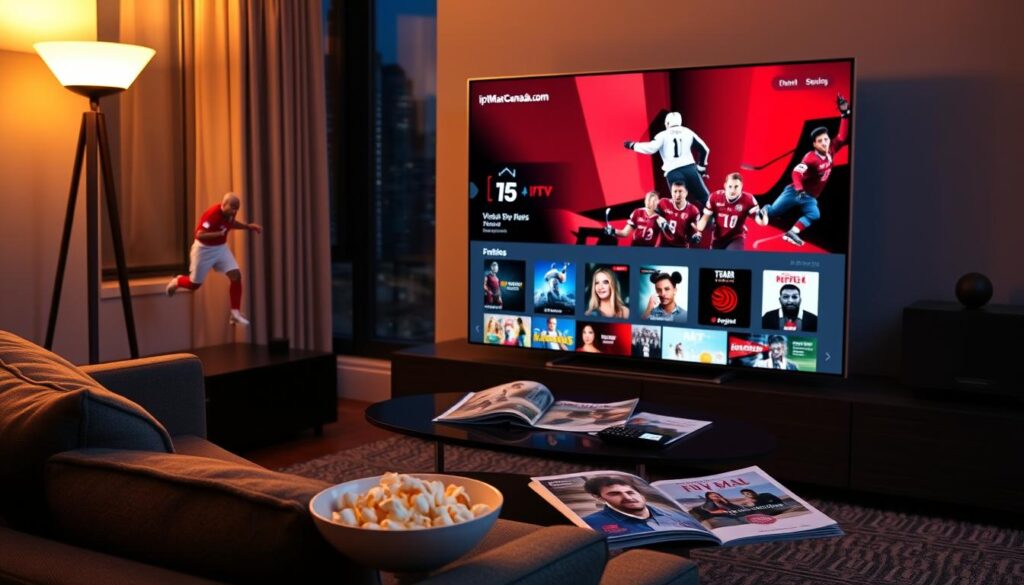 A modern living room setup with a sleek flat-screen TV showing a vibrant scene of live sports action, highlighting soccer and hockey games, while a streaming interface showcases various movies and entertainment options. In the foreground, a cozy couch with a remote control rests, and a bowl of popcorn is placed next to it. The middle section features a stylish coffee table adorned with magazines about IPTV. The background is illuminated with soft, warm lighting, creating an inviting atmosphere. A window reveals a nighttime cityscape, adding depth. A subtle logo of "iptvmaxcanada.com" is displayed on the TV screen, seamlessly blending with the overall layout. The mood is relaxed and engaging, perfect for enjoying live sports and movies at home. A modern living room setup with a sleek flat-screen TV showing a vibrant scene of live sports action, highlighting soccer and hockey games, while a streaming interface showcases various movies and entertainment options. In the foreground, a cozy couch with a remote control rests, and a bowl of popcorn is placed next to it. The middle section features a stylish coffee table adorned with magazines about IPTV. The background is illuminated with soft, warm lighting, creating an inviting atmosphere. A window reveals a nighttime cityscape, adding depth. A subtle logo of "iptvmaxcanada.com" is displayed on the TV screen, seamlessly blending with the overall layout. The mood is relaxed and engaging, perfect for enjoying live sports and movies at home.