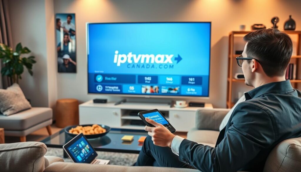 A modern living room showcasing a sleek flat-screen TV displaying the logo of "iptvmaxcanada.com" on its interface, surrounded by customizable IPTV features like interactive menus and streaming options. In the foreground, a person in smart casual attire is seated on a comfortable sofa, using a remote control to navigate the features, with a focused expression indicating engagement. The middle ground includes a stylish coffee table with snacks and a tablet displaying additional streaming options. The background features a cozy ambiance with warm lighting, comfy cushions, and a bookshelf decorated with tech gadgets, creating a relaxed atmosphere ideal for enhanced streaming experiences. The angle captures the action from a slight side view, emphasizing the interaction and customization of IPTV settings.