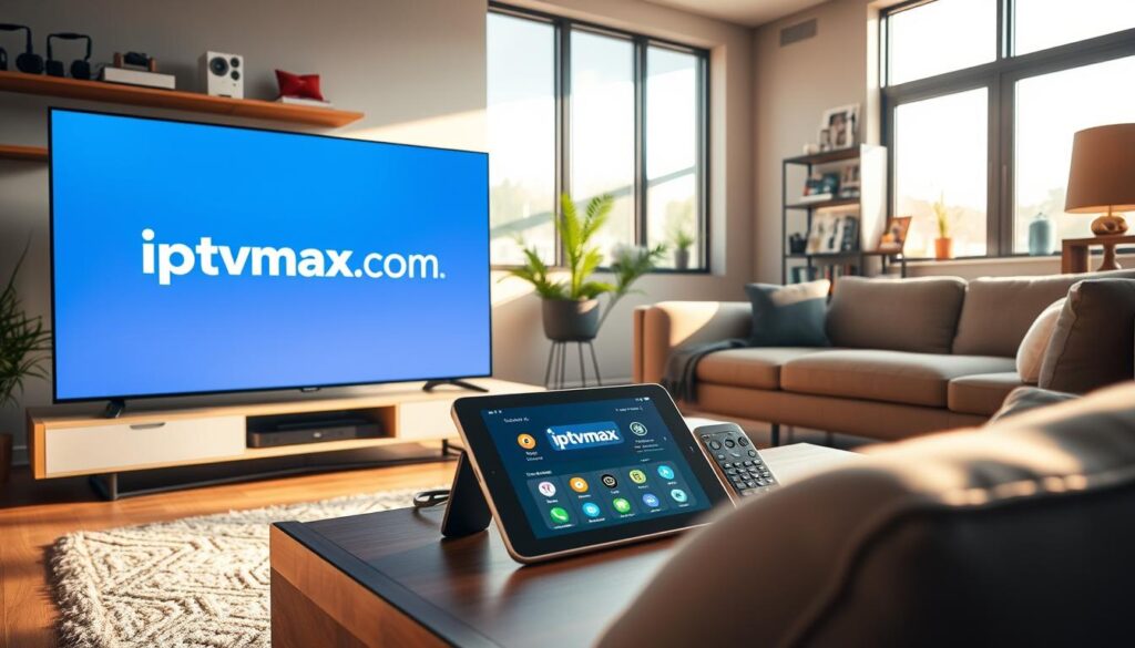 A modern living room showcasing multiple devices connected to the internet, emphasizing device compatibility and app support for an IPTV service. In the foreground, a sleek TV displaying the logo "iptvmaxcanada.com." A tablet and a smartphone with the IPTV app open can be seen on a coffee table. The middle ground features a cozy sofa and stylish decor, illuminated by warm sunlight streaming through large windows. In the background, a bookshelf filled with technology magazines and gadgets hints at a tech-savvy lifestyle. The atmosphere is relaxed and inviting, conveying a seamless integration of modern technology in daily life. Use soft, natural lighting and a wide-angle lens to capture the entire scene in a vibrant and professional manner.