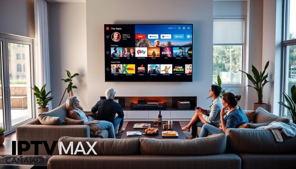 A modern living room showcasing the benefits of IPTV streaming services, featuring a sleek smart TV displaying vibrant channels and content options. In the foreground, a family of four comfortably seated on a stylish sofa, dressed in casual but professional clothing, enjoying a movie night together. The middle ground features a coffee table with snacks and drinks, emphasizing a relaxed, homey atmosphere. In the background, large windows illuminate the space with natural light, creating a warm and inviting feel. The room is decorated with plants and modern decor, highlighting technological sophistication. Capture a sense of connection and entertainment in this seamless viewing experience. Include visual elements that represent iptvmaxcanada.com, symbolizing top quality IPTV services in Canada.