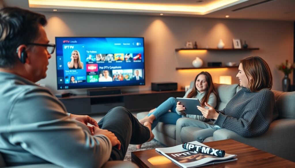 A modern living room with a family gathered around a large flat-screen TV, showcasing a vibrant IPTV streaming interface displaying a variety of channels. In the foreground, a middle-aged father and a teenage daughter relax on a stylish sectional sofa, both engaged with the screen, displaying expressions of excitement and joy. The mother, casually dressed in a comfortable sweater, sits nearby with a tablet, browsing content options. The background features a sleek entertainment unit with streaming devices and decorative elements, illuminated by warm ambient lighting. The overall atmosphere is inviting and cozy, reflecting the seamless experience of IPTV services. Place subtle branding for "iptvmaxcanada.com" on an unobtrusive item, such as a magazine on the coffee table, to indicate reliability in streaming choices. The image should have a soft focus with a slightly shallow depth of field, enhancing the intimate family moment.