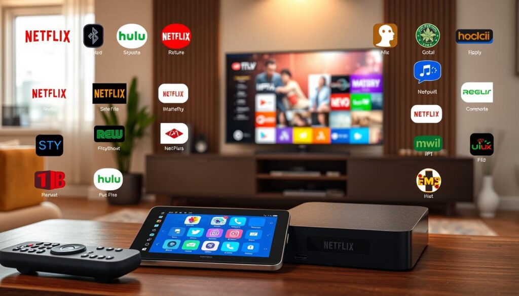 A modern living room with a sleek IPTV box prominently displayed on a stylish entertainment unit, surrounded by a variety of common IPTV apps' logos, such as Netflix, Hulu, and other popular streaming services. In the foreground, a well-organized setup includes a remote control and a tablet or smartphone showing various IPTV app interfaces. The middle features a soft glow from a large flat-screen TV displaying colorful visuals, emphasizing compatibility among different software platforms. In the background, warm natural light filters through a window, creating a cozy and inviting atmosphere. The scene conveys a sense of convenience and modern technology in home entertainment. Rendered in high detail, with a focus on clarity and vibrant colors, highlighting the interactive capabilities of the IPTV system. Include the branding "iptvmaxcanada.com" subtly integrated into the design. A modern living room with a sleek IPTV box prominently displayed on a stylish entertainment unit, surrounded by a variety of common IPTV apps' logos, such as Netflix, Hulu, and other popular streaming services. In the foreground, a well-organized setup includes a remote control and a tablet or smartphone showing various IPTV app interfaces. The middle features a soft glow from a large flat-screen TV displaying colorful visuals, emphasizing compatibility among different software platforms. In the background, warm natural light filters through a window, creating a cozy and inviting atmosphere. The scene conveys a sense of convenience and modern technology in home entertainment. Rendered in high detail, with a focus on clarity and vibrant colors, highlighting the interactive capabilities of the IPTV system. Include the branding "iptvmaxcanada.com" subtly integrated into the design.