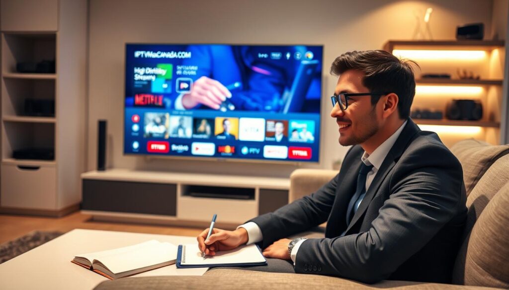 A modern living room with a sleek TV showcasing a high-definition streaming interface from "iptvmaxcanada.com". In the foreground, a professional individual in business attire is sitting on a comfortable couch, focused on the screen with a look of satisfaction. In the middle ground, a stylish coffee table holds a notebook with a pencil, implying active engagement with the content. The background features a gently illuminated wall unit that includes digital gadgets enhancing connectivity. Soft, warm lighting creates a cozy atmosphere, accentuating the relaxation and reliability of IPTV service. The scene is shot from a slightly elevated angle to capture both the person and the vivid display, symbolizing stream stability and quality. The overall mood is one of professionalism and ease. A modern living room with a sleek TV showcasing a high-definition streaming interface from "iptvmaxcanada.com". In the foreground, a professional individual in business attire is sitting on a comfortable couch, focused on the screen with a look of satisfaction. In the middle ground, a stylish coffee table holds a notebook with a pencil, implying active engagement with the content. The background features a gently illuminated wall unit that includes digital gadgets enhancing connectivity. Soft, warm lighting creates a cozy atmosphere, accentuating the relaxation and reliability of IPTV service. The scene is shot from a slightly elevated angle to capture both the person and the vivid display, symbolizing stream stability and quality. The overall mood is one of professionalism and ease.