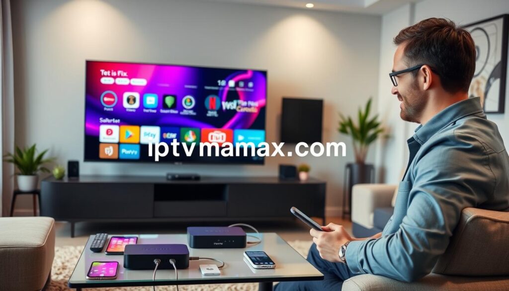 A modern living room with a sleek smart TV prominently displaying the IPTV interface, featuring vibrant colors and icons. In the foreground, a professional-looking individual in business casual attire is setting up the service, focused on connecting multiple devices like a streaming box, tablet, and smartphone on a stylish coffee table. The middle ground showcases cables and remotes, while the background features a cozy atmosphere with soft lighting, potted plants, and abstract wall art. The angle is slightly elevated to capture the action and the immersive setting. The overall mood is upbeat, illustrating a smooth setup process, highlighting "iptvmaxcanada.com" subtly integrated into the IPTV interface, emphasizing reliability and ease of use.