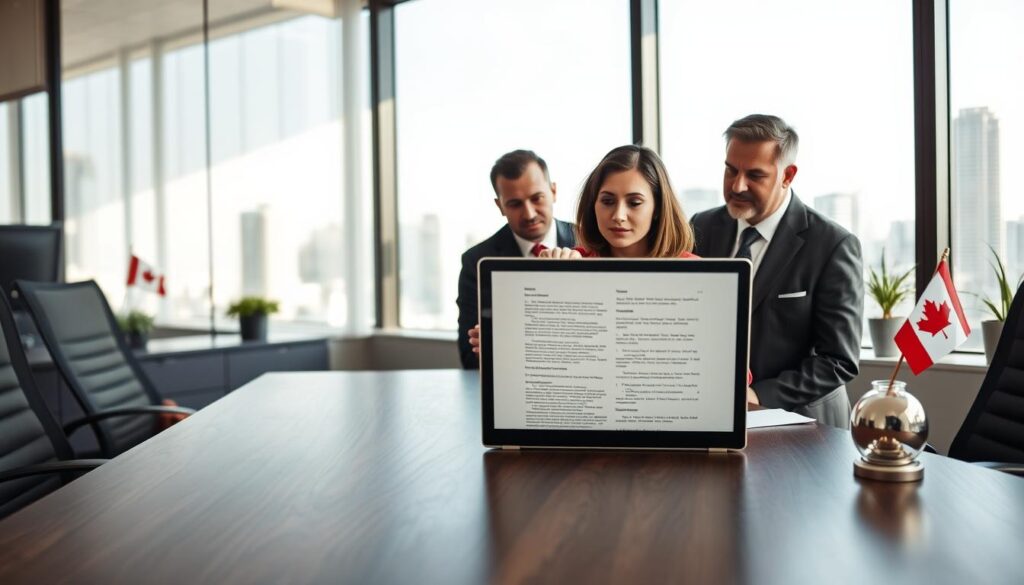 A modern office setting illustrating the legal status of IPTV in Canada. Foreground: a sleek, dark wooden desk with a laptop open, displaying legal documents related to IPTV regulations. Middle: a diverse group of three professionals—two men and one woman—all in business attire, engaged in discussion over the documents. The woman, with shoulder-length brown hair, points to a highlighted section on the screen. Background: a large window with a view of a Canadian cityscape, sunlight pouring in, creating a bright and focused atmosphere. Soft, natural lighting accentuates their expressions, suggesting a serious yet collaborative mood. Subtle decorative elements, like a small Canadian flag and a plant, add to the context of Canada. Branding subtly placed: "iptvmaxcanada.com" on the laptop screen. A modern office setting illustrating the legal status of IPTV in Canada. Foreground: a sleek, dark wooden desk with a laptop open, displaying legal documents related to IPTV regulations. Middle: a diverse group of three professionals—two men and one woman—all in business attire, engaged in discussion over the documents. The woman, with shoulder-length brown hair, points to a highlighted section on the screen. Background: a large window with a view of a Canadian cityscape, sunlight pouring in, creating a bright and focused atmosphere. Soft, natural lighting accentuates their expressions, suggesting a serious yet collaborative mood. Subtle decorative elements, like a small Canadian flag and a plant, add to the context of Canada. Branding subtly placed: "iptvmaxcanada.com" on the laptop screen.