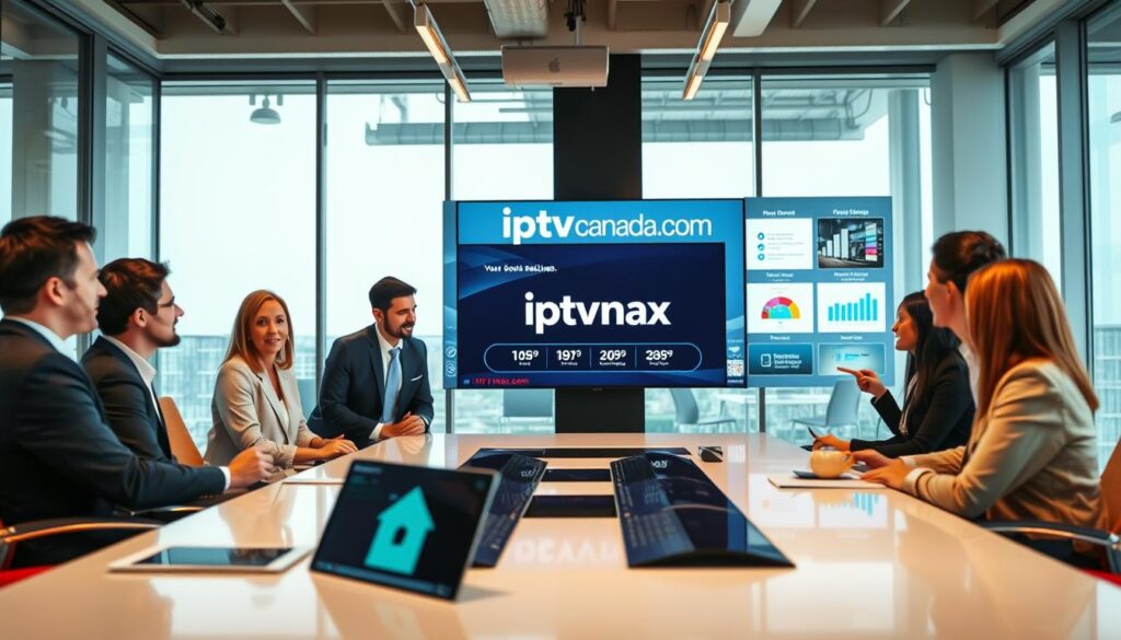 A modern office setting showcasing business opportunities in IPTV reselling. In the foreground, a diverse group of professionals dressed in business attire engage in a lively discussion around a sleek conference table, with charts and graphs related to IPTV displayed on digital screens. In the middle ground, a large monitor prominently features the logo "iptvmaxcanada.com" with a dynamic interface showcasing IPTV services. The background reveals a bright, contemporary office space with large windows allowing natural light to flood the room, creating an inviting atmosphere. The lighting is warm and well-distributed, emphasizing the collaborative mood. The angle is slightly elevated, capturing both the teamwork and the modern technology, conveying optimism and innovation in the burgeoning field of IPTV reselling.