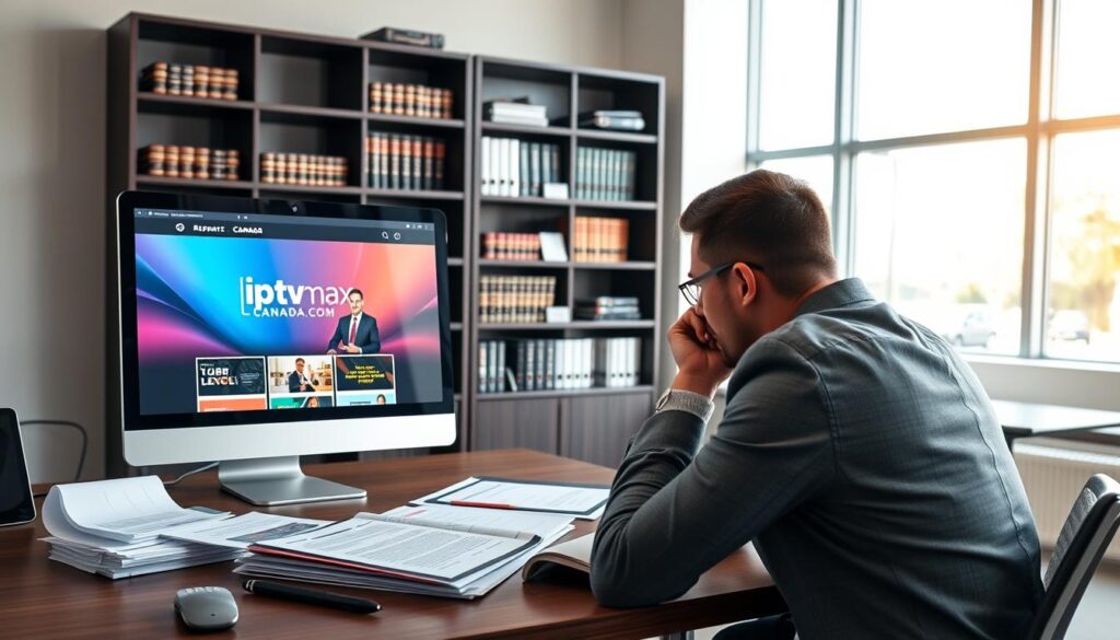 A modern, professional workspace showcasing a sleek desktop computer displaying the "iptvmaxcanada.com" website, featuring a vibrant interface for IPTV services. In the foreground, a focused individual in business casual attire studies the screen, with legal documents and regulatory guidelines about IPTV usage in Canada spread out beside them. The middle ground includes a bookshelf filled with law books and technology-related resources, emphasizing a commitment to legal compliance. The background features a bright, airy office environment, with large windows allowing natural light to flood the space. The overall atmosphere is one of diligence, professionalism, and a sense of responsibility, capturing the essence of ensuring legal IPTV service use in Canada. A modern, professional workspace showcasing a sleek desktop computer displaying the "iptvmaxcanada.com" website, featuring a vibrant interface for IPTV services. In the foreground, a focused individual in business casual attire studies the screen, with legal documents and regulatory guidelines about IPTV usage in Canada spread out beside them. The middle ground includes a bookshelf filled with law books and technology-related resources, emphasizing a commitment to legal compliance. The background features a bright, airy office environment, with large windows allowing natural light to flood the space. The overall atmosphere is one of diligence, professionalism, and a sense of responsibility, capturing the essence of ensuring legal IPTV service use in Canada.