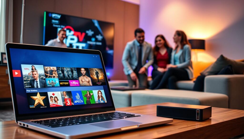 A modern, professional workspace showcasing the best IPTV providers in Canada, including the logo of "iptvmaxcanada.com". In the foreground, a sleek laptop displays a vibrant interface of IPTV streaming, with high-resolution images of popular shows and channels. The middle ground features a diverse group of three professionals, dressed in smart casual attire, discussing streaming options with enthusiastic expressions. In the background, a stylish home entertainment setup, with a large flat-screen TV, colorful LED lights, and a cozy sofa, creates an inviting atmosphere. Soft, natural lighting accentuates the warm tones of the room, giving it a welcoming feel. The image captures a sense of reliability and excitement in modern entertainment streaming. A modern, professional workspace showcasing the best IPTV providers in Canada, including the logo of "iptvmaxcanada.com". In the foreground, a sleek laptop displays a vibrant interface of IPTV streaming, with high-resolution images of popular shows and channels. The middle ground features a diverse group of three professionals, dressed in smart casual attire, discussing streaming options with enthusiastic expressions. In the background, a stylish home entertainment setup, with a large flat-screen TV, colorful LED lights, and a cozy sofa, creates an inviting atmosphere. Soft, natural lighting accentuates the warm tones of the room, giving it a welcoming feel. The image captures a sense of reliability and excitement in modern entertainment streaming.