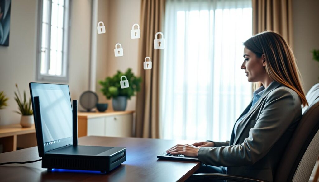 A modern, secure home office scene set in a cozy, well-lit room. In the foreground, a professional woman in casual business attire is using a laptop to stream IPTV content, showcasing an interface with a muted color scheme related to streaming. Next to her, a small VPN router emits a soft blue light, symbolizing security. The middle of the room features an abstract representation of digital privacy, with floating icons like locks and shields subtly illuminated, conveying the idea of protection. The background shows a window with sheer curtains filtering in natural light, creating a warm atmosphere. The overall mood is focused and secure, emphasizing trust and reliability in streaming services, with the brand name "iptvmaxcanada.com" subtly integrated into the design elements as part of the environment. A modern, secure home office scene set in a cozy, well-lit room. In the foreground, a professional woman in casual business attire is using a laptop to stream IPTV content, showcasing an interface with a muted color scheme related to streaming. Next to her, a small VPN router emits a soft blue light, symbolizing security. The middle of the room features an abstract representation of digital privacy, with floating icons like locks and shields subtly illuminated, conveying the idea of protection. The background shows a window with sheer curtains filtering in natural light, creating a warm atmosphere. The overall mood is focused and secure, emphasizing trust and reliability in streaming services, with the brand name "iptvmaxcanada.com" subtly integrated into the design elements as part of the environment.