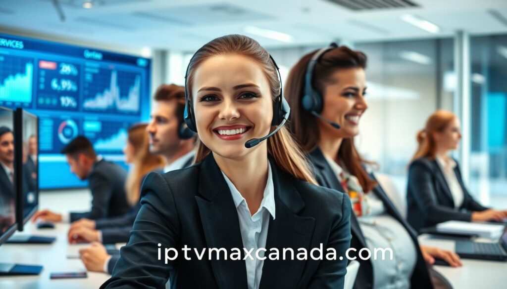 A modern, sleek customer support center for IPTV services, featuring a diverse team of professionals in business attire engaged in assisting clients. In the foreground, a friendly support agent is speaking on a headset, with a computer screen displaying IPTV services behind them. The middle layer showcases a digital dashboard filled with metrics, symbolizing service reliability and performance analytics. The background reveals a high-tech, calming workspace with soft blue lighting and large windows that allow natural light to flood in, creating an inviting atmosphere. The overall mood is one of professionalism and efficiency, reflecting exceptional customer support. The brand name "iptvmaxcanada.com" is subtly integrated into the environment, visible but not overwhelming.