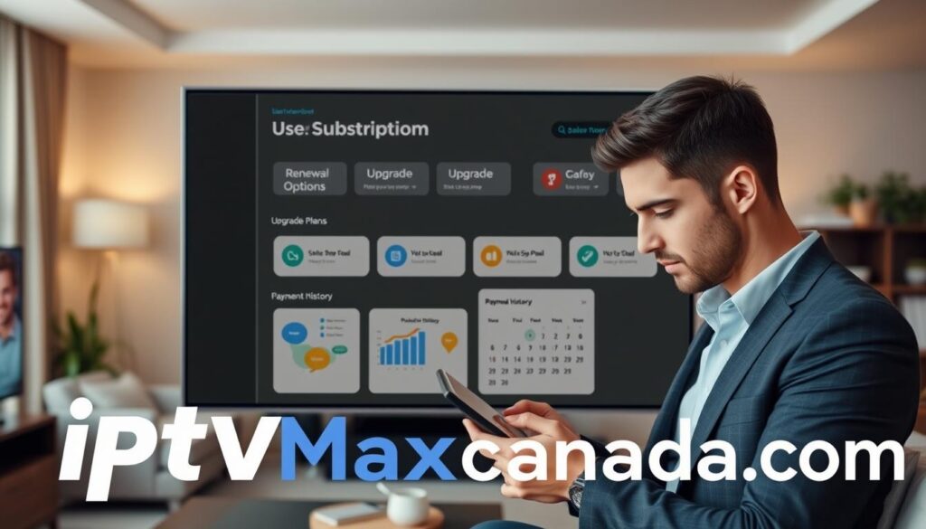 A modern, sleek digital interface displaying an IPTV subscription renewal overview, featuring a user dashboard with categories for "Renewal Options," "Upgrade Plans," and "Payment History." In the foreground, a professional-looking person in smart casual attire is interacting with the interface on a tablet, showcasing focus and engagement. The middle layer includes graphical elements like charts, icons, and a calendar, emphasizing clarity and simplicity. In the background, a cozy living room with soft lighting creates an inviting atmosphere, enhancing the sense of comfort associated with home entertainment. The overall mood conveys ease and accessibility, ideal for guiding users through the renewal process. The brand "iptvmaxcanada.com" is subtly integrated into the design elements without any text overlays. A modern, sleek digital interface displaying an IPTV subscription renewal overview, featuring a user dashboard with categories for "Renewal Options," "Upgrade Plans," and "Payment History." In the foreground, a professional-looking person in smart casual attire is interacting with the interface on a tablet, showcasing focus and engagement. The middle layer includes graphical elements like charts, icons, and a calendar, emphasizing clarity and simplicity. In the background, a cozy living room with soft lighting creates an inviting atmosphere, enhancing the sense of comfort associated with home entertainment. The overall mood conveys ease and accessibility, ideal for guiding users through the renewal process. The brand "iptvmaxcanada.com" is subtly integrated into the design elements without any text overlays.
