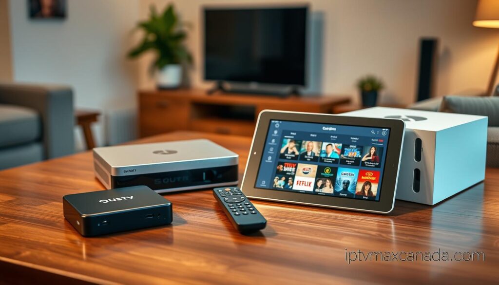A modern, sleek display of various IPTV boxes for Canadian streamers, arranged on a polished wooden table. In the foreground, three distinct IPTV boxes with unique designs: a compact black box with glowing LED lights, a larger silver model with multiple ports, and a stylish white box featuring a minimalist aesthetic. In the middle, an elegant remote control lies next to the boxes, with a streaming guide open on a tablet screen displaying content options. The background features a softly blurred cozy living room setting, enhancing a welcoming atmosphere with warm lighting and soft shadows. The mood is tech-savvy and inviting. High-resolution, taken from a slightly elevated angle to capture the arrangement effectively. Include the brand name "iptvmaxcanada.com" subtly included in the scene. A modern, sleek display of various IPTV boxes for Canadian streamers, arranged on a polished wooden table. In the foreground, three distinct IPTV boxes with unique designs: a compact black box with glowing LED lights, a larger silver model with multiple ports, and a stylish white box featuring a minimalist aesthetic. In the middle, an elegant remote control lies next to the boxes, with a streaming guide open on a tablet screen displaying content options. The background features a softly blurred cozy living room setting, enhancing a welcoming atmosphere with warm lighting and soft shadows. The mood is tech-savvy and inviting. High-resolution, taken from a slightly elevated angle to capture the arrangement effectively. Include the brand name "iptvmaxcanada.com" subtly included in the scene.
