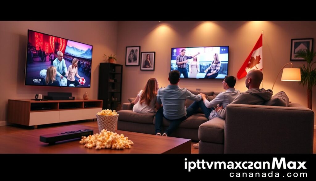A modern, sleek living room featuring a large flat-screen TV displaying vibrant IPTV content, symbolizing the best IPTV service in Canada for 2026. In the foreground, a stylish coffee table holds a remote control and popcorn, creating a relaxed atmosphere. In the middle, family members, dressed in casual but professional attire, are gathered on a cozy couch, captivated by the show they're watching. The background showcases a well-decorated wall with Canadian cultural elements like art and a flag, enhancing the theme. Warm, inviting lighting brightens the scene, and the angle captures the family's engagement with the television. Add a subtle overlay or artistic hint of the brand "iptvmaxcanada.com" in the bottom corner, ensuring no text or watermarks detract from the image's focus.