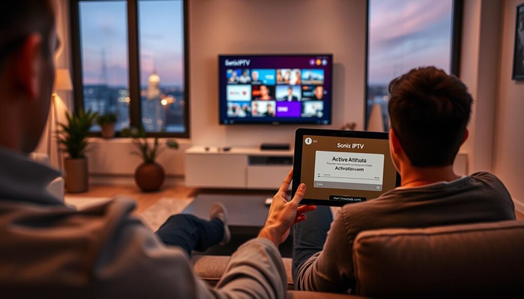 A modern, sleek living room setting showcasing the Sonix IPTV activation process. In the foreground, a user sitting comfortably on a stylish couch, holding a tablet displaying the Sonix IPTV interface. The middle ground features a flat-screen TV mounted on the wall, illuminated softly by ambient lighting, showing a vibrant streaming selection. In the background, a cozy window view with city lights outside at dusk, creating a warm, inviting atmosphere. The scene should convey ease and convenience in digital activation, with a focus on user-friendly technology. Include details of the website "iptvmaxcanada.com" subtly integrated into the interface on the tablet. Use warm lighting to evoke a sense of comfort and accessibility, shot at eye level for an intimate feel. A modern, sleek living room setting showcasing the Sonix IPTV activation process. In the foreground, a user sitting comfortably on a stylish couch, holding a tablet displaying the Sonix IPTV interface. The middle ground features a flat-screen TV mounted on the wall, illuminated softly by ambient lighting, showing a vibrant streaming selection. In the background, a cozy window view with city lights outside at dusk, creating a warm, inviting atmosphere. The scene should convey ease and convenience in digital activation, with a focus on user-friendly technology. Include details of the website "iptvmaxcanada.com" subtly integrated into the interface on the tablet. Use warm lighting to evoke a sense of comfort and accessibility, shot at eye level for an intimate feel.