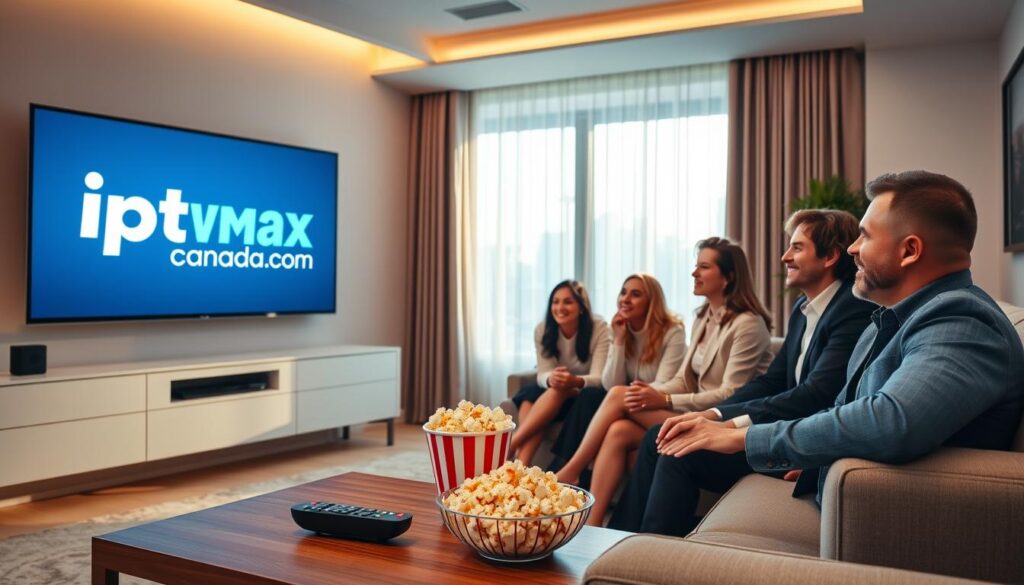A modern, sleek living room setting with a comfortable sofa and a large TV screen displaying the logo "iptvmaxcanada.com" in a prominent way. The foreground features a cozy coffee table with remote controls and popcorn, conveying a relaxed viewing atmosphere. The middle ground shows a family of diverse adults, dressed in professional business attire, happily engaging with the IPTV experience. The background reveals a large window with warm, natural light streaming in, adding a soft glow to the scene. The overall mood is one of trust and reliability, emphasizing the theme of legal and trustworthy entertainment. Use soft focus and a gentle perspective, showcasing the harmony of family entertainment and the appeal of IPTV services in Brampton, Canada. A modern, sleek living room setting with a comfortable sofa and a large TV screen displaying the logo "iptvmaxcanada.com" in a prominent way. The foreground features a cozy coffee table with remote controls and popcorn, conveying a relaxed viewing atmosphere. The middle ground shows a family of diverse adults, dressed in professional business attire, happily engaging with the IPTV experience. The background reveals a large window with warm, natural light streaming in, adding a soft glow to the scene. The overall mood is one of trust and reliability, emphasizing the theme of legal and trustworthy entertainment. Use soft focus and a gentle perspective, showcasing the harmony of family entertainment and the appeal of IPTV services in Brampton, Canada.