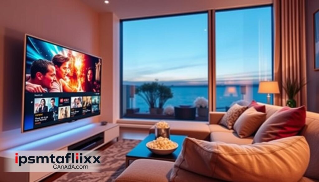 A modern, sleek living room showcasing the Smartflix IPTV experience with unmatched streaming quality. In the foreground, a stylish, high-definition smart TV displays vibrant, colorful movie scenes. Subtle reflections of light on the screen suggest clarity and depth. In the middle, a comfortable couch adorned with cozy cushions invites viewers to relax, with a small coffee table holding a remote control and a bowl of popcorn. The background features ambient lighting, with a large window showcasing a clear evening sky outside, hinting at a calm, inviting atmosphere. Incorporate the logo "iptvmaxcanada.com" subtly in a corner of the image. The overall mood is warm and welcoming, emphasizing the high-tech and luxurious essence of Smartflix IPTV. Use soft lighting and a slightly elevated angle to capture the space invitingly.