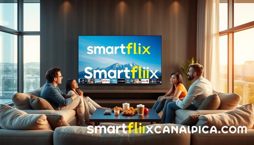 A modern, sleek living room with a large flat-screen TV displaying the Smartflix IPTV logo prominently. In the foreground, a comfortable, stylish couch is adorned with cozy cushions, where a family gathers, enjoying their streaming experience. The family members, dressed in casual but neat clothing, exhibit expressions of excitement as they browse through a vibrant catalog of TV shows and movies. In the middle ground, a contemporary coffee table is scattered with snacks, enhancing the inviting atmosphere. The background features soft, ambient lighting that creates a warm, inviting mood, with large windows allowing natural light to filter in, showcasing a glimpse of beautiful Canadian scenery outside. The overall composition reflects a sense of relaxation and enjoyment, emphasizing Smartflix IPTV as the ultimate choice for streaming in Canada. Logo of iptvmaxcanada.com subtly integrated into the scene, enhancing brand presence without overpowering the image.