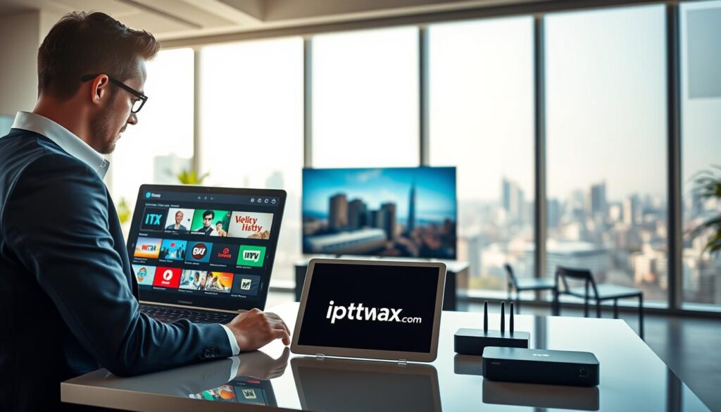 A modern, sleek office environment filled with technology and intrigue. In the foreground, a professional individual in smart casual attire is intently studying a laptop displaying vibrant IPTV streaming options. The screen shows colorful thumbnails of various channels. In the middle, a tabletop is adorned with a tablet showcasing the logo of "iptvmaxcanada.com," surrounded by popular streaming devices like a smart TV and set-top box. The background features a large window with a city skyline, hinting at a vibrant urban life. Soft, natural lighting floods the room, creating an inviting atmosphere that conveys trust and innovation. The overall mood is dynamic and focused, emphasizing the modern solution for reliable streaming. A modern, sleek office environment filled with technology and intrigue. In the foreground, a professional individual in smart casual attire is intently studying a laptop displaying vibrant IPTV streaming options. The screen shows colorful thumbnails of various channels. In the middle, a tabletop is adorned with a tablet showcasing the logo of "iptvmaxcanada.com," surrounded by popular streaming devices like a smart TV and set-top box. The background features a large window with a city skyline, hinting at a vibrant urban life. Soft, natural lighting floods the room, creating an inviting atmosphere that conveys trust and innovation. The overall mood is dynamic and focused, emphasizing the modern solution for reliable streaming.