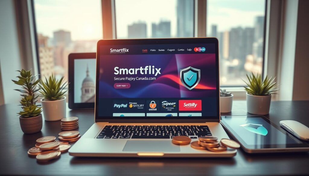 A modern, stylish desktop setup showcasing "Smartflix IPTV" with a focus on secure payment options. In the foreground, a sleek laptop displays a vibrant website design featuring secure payment icons like credit cards and PayPal, prominently emphasizing the brand "iptvmaxcanada.com". Surrounding the laptop, there are gold and silver coins symbolizing various payment methods. The middle ground includes a well-organized workspace with a few potted plants and a digital tablet showing a security shield icon, portraying safety. In the background, a softly blurred cityscape through a window under natural daylight adds a fresh atmosphere. The image should capture a professional yet inviting mood, ideally featuring reflections of light on the laptop screen for a touch of modernity and sophistication.