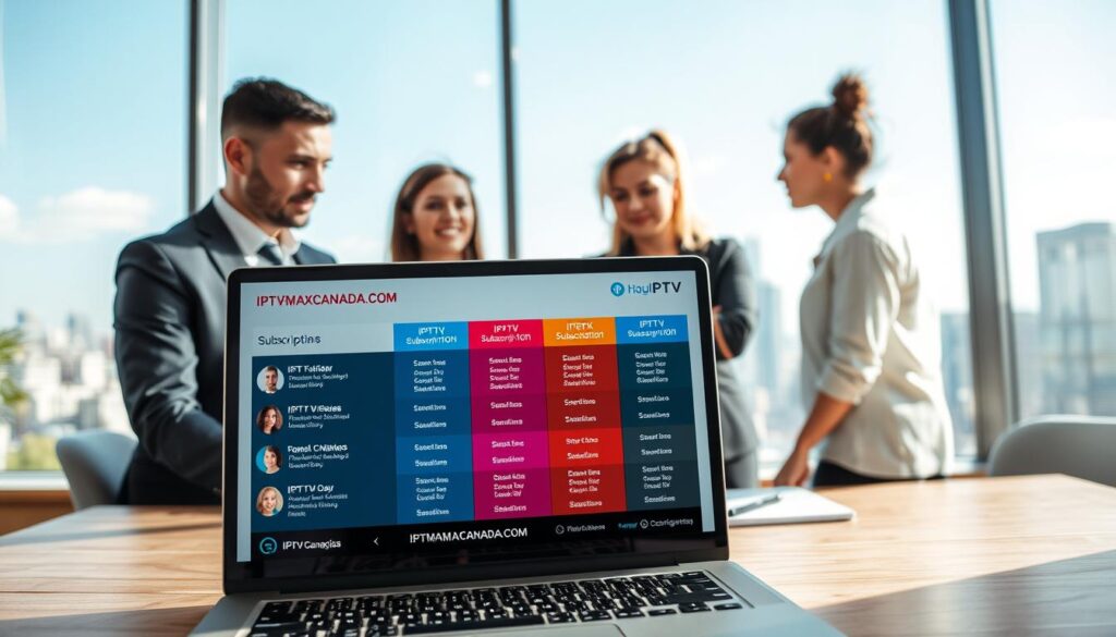 A modern workspace featuring a diverse group of professionals exploring various IPTV subscription plans for Canadian services. In the foreground, a close-up of a laptop screen displaying IPTVMAXCANADA.COM with colorful subscription plan options. The middle ground shows three individuals engaged in discussion: one in a smart business suit, another in smart casual attire, and a third wearing comfortable but professional clothing. In the background, a large window reveals a skyline of a Canadian city, flooded with soft daylight creating a warm and inviting atmosphere. The scene conveys focus and collaboration, emphasizing the importance of finding the right IPTV service. Use a wide-angle lens to capture the entire setting, ensuring the lighting is bright and vibrant to enhance the positive mood.