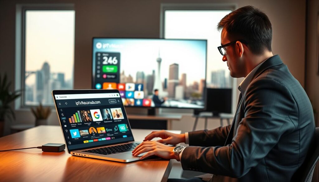 A modern workspace featuring a stylish office desk with a sleek laptop displaying the website "iptvmaxcanada.com" prominently on the screen. In the foreground, a professional individual in business attire is engaged in evaluating IPTV services, analyzing charts and data on the laptop. The middle ground features a large monitor displaying colorful IPTV channel options and graphics that symbolize high-quality entertainment. The background includes a window with a view of a bright city skyline, suggesting Canada, illuminated by soft, natural light. The overall atmosphere is one of sophistication and focus, conveying a sense of professionalism and diligence in finding the best IPTV provider. The scene should have a warm yet vibrant ambiance, enhancing the feeling of innovation and technology in the realm of IPTV services.