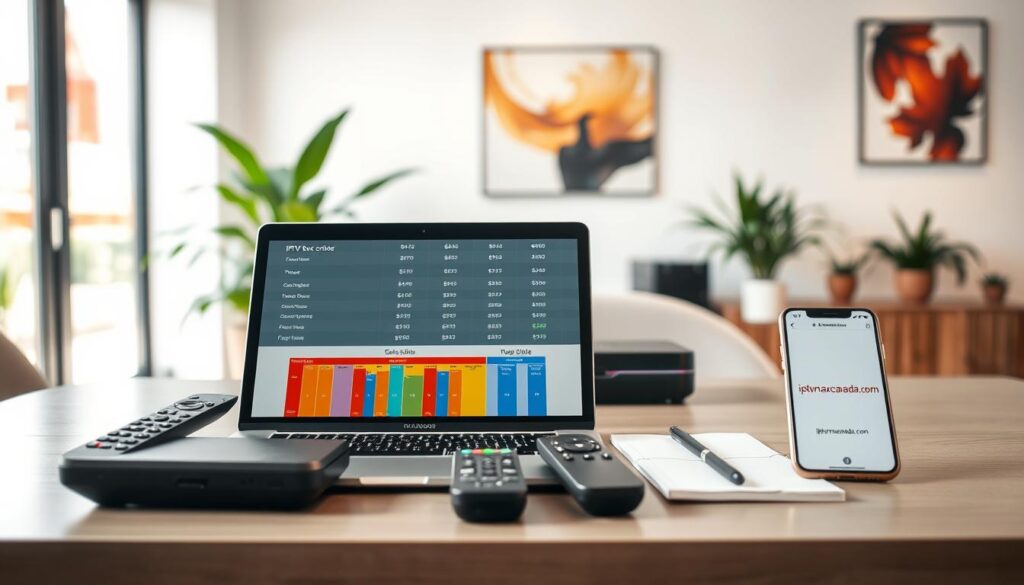 A polished, professional image depicting an IPTV box pricing guide for Canada set in a contemporary office environment. In the foreground, showcase an open laptop displaying a colorful chart with various IPTV box prices, accompanied by sleek remote controls and distinct IPTV boxes showcasing different brands. The middle ground features a well-organized desk with a notepad and a smartphone displaying the website "iptvmaxcanada.com" for reference. The background features a softly lit modern office with green plants and abstract art adorning the walls. Use soft, natural lighting to create an inviting atmosphere, with a focus on clarity and detail, captured from a slightly elevated angle to enhance depth and perspective while maintaining a professional, informative tone. A polished, professional image depicting an IPTV box pricing guide for Canada set in a contemporary office environment. In the foreground, showcase an open laptop displaying a colorful chart with various IPTV box prices, accompanied by sleek remote controls and distinct IPTV boxes showcasing different brands. The middle ground features a well-organized desk with a notepad and a smartphone displaying the website "iptvmaxcanada.com" for reference. The background features a softly lit modern office with green plants and abstract art adorning the walls. Use soft, natural lighting to create an inviting atmosphere, with a focus on clarity and detail, captured from a slightly elevated angle to enhance depth and perspective while maintaining a professional, informative tone.