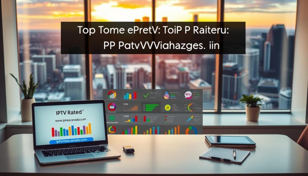 A professional and engaging visual representation of a modern office workspace showcasing the "Overview of Top-Rated IPTV Providers in Canada." In the foreground, a stylish desk with a sleek laptop displaying the website iptvmaxcanada.com, alongside a notepad and a tablet, all in bright, natural lighting. The middle ground features an array of colorful charts and graphs that represent various IPTV providers, symbolizing their ratings and features. In the background, a large window reveals a panoramic view of a vibrant Canadian city skyline, bathed in warm sunset hues, enhancing the atmosphere of productivity and trust. The image captures a sense of professional diligence and innovation, inviting viewers into the world of advanced IPTV services.
