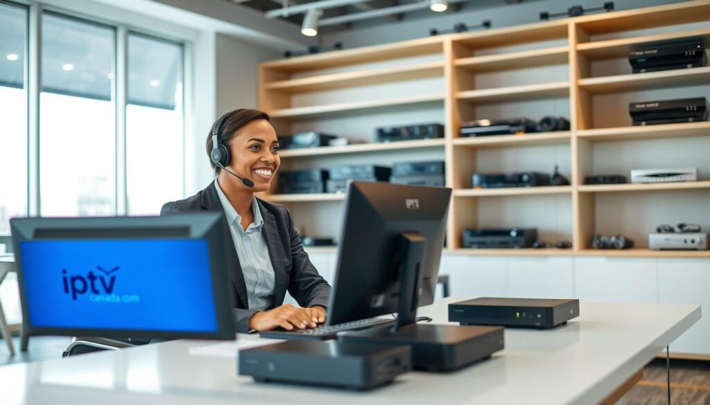 A professional and inviting customer support center for IPTV services, focusing on activation experience. In the foreground, a friendly, diverse customer support agent in business attire, seated at a sleek, modern desk with a headset, engaging with a customer on a computer screen displaying the logo "iptvmaxcanada.com." In the middle ground, neatly organized shelves filled with IPTV equipment such as set-top boxes and remote controls, suggesting a range of options. The background features a bright, welcoming office space with large windows allowing natural light to flood in, enhancing the overall atmosphere of warmth and approachability. The scene conveys a sense of professionalism and efficiency, inviting customers to feel supported in their IPTV experience.