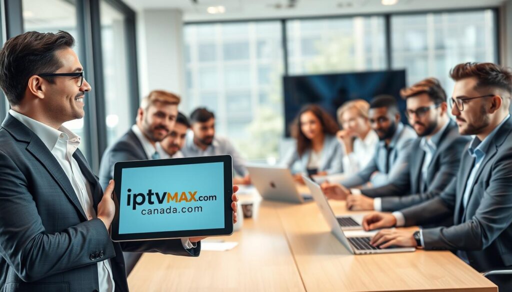 A professional business meeting scene depicting a diverse group of individuals discussing IPTV reselling strategies. In the foreground, a confident businessperson in professional attire presents a tablet showcasing the "iptvmaxcanada.com" logo, emphasizing IPTV services available in Canada. In the middle, a group of engaged colleagues, both men and women, are seated around a modern conference table with laptops open, taking notes and sharing ideas. The background features a bright, modern office with large windows allowing natural light to flood the space, creating a warm and inviting atmosphere. Soft-focus lighting enhances the professionalism of the setting, while a wide-angle view captures the teamwork and collaboration essential for becoming a successful IPTV reseller. A professional business meeting scene depicting a diverse group of individuals discussing IPTV reselling strategies. In the foreground, a confident businessperson in professional attire presents a tablet showcasing the "iptvmaxcanada.com" logo, emphasizing IPTV services available in Canada. In the middle, a group of engaged colleagues, both men and women, are seated around a modern conference table with laptops open, taking notes and sharing ideas. The background features a bright, modern office with large windows allowing natural light to flood the space, creating a warm and inviting atmosphere. Soft-focus lighting enhances the professionalism of the setting, while a wide-angle view captures the teamwork and collaboration essential for becoming a successful IPTV reseller.