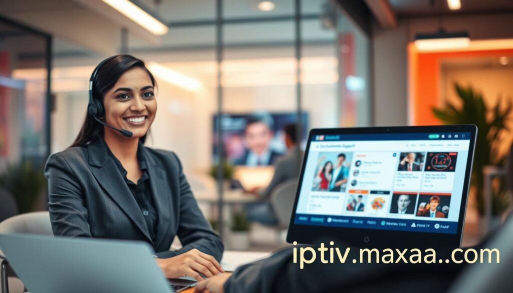 A professional customer support representative in a modern office setting, assisting a customer via phone and laptop. The representative, a South Asian woman in smart business attire, exudes helpfulness and expertise. In the foreground, show the representative in focus, with a friendly expression and a headset. In the middle ground, a laptop screen displays customer support software, showcasing features. The background features a sleek office environment with vibrant colors, emphasizing a technology-driven atmosphere. Soft, warm lighting creates a welcoming mood. The scene reflects customer support for IPTV services in Canada, reinforcing reliability and professionalism. Incorporate elements like the logo "iptvmaxcanada.com" subtly integrated into the office decor, ensuring it is not the focus but supports the context. A professional customer support representative in a modern office setting, assisting a customer via phone and laptop. The representative, a South Asian woman in smart business attire, exudes helpfulness and expertise. In the foreground, show the representative in focus, with a friendly expression and a headset. In the middle ground, a laptop screen displays customer support software, showcasing features. The background features a sleek office environment with vibrant colors, emphasizing a technology-driven atmosphere. Soft, warm lighting creates a welcoming mood. The scene reflects customer support for IPTV services in Canada, reinforcing reliability and professionalism. Incorporate elements like the logo "iptvmaxcanada.com" subtly integrated into the office decor, ensuring it is not the focus but supports the context.
