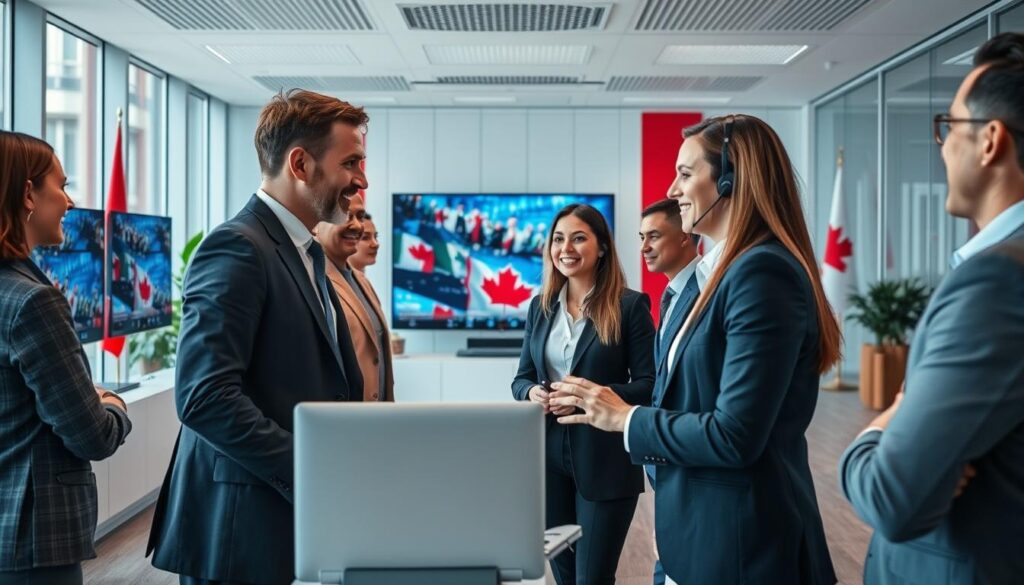 A professional customer support representative in a modern office, wearing business attire, attentively assisting a diverse group of clients discussing IPTV services. The foreground features engaging interactions, emphasizing dedicated service with warm smiles and helpful gestures. In the middle ground, displays of IPTV technology, such as screens showing vibrant streaming content, illustrate service reliability. The background shows a sleek, bright office space with Canadian flags subtly incorporated into the decor, symbolizing national pride. Soft, natural lighting from large windows creates an inviting atmosphere, enhancing the feeling of trust and professionalism. The image should also subtly include the branding of "iptvmaxcanada.com" within the environment to connect with the theme of dedicated Canadian support.