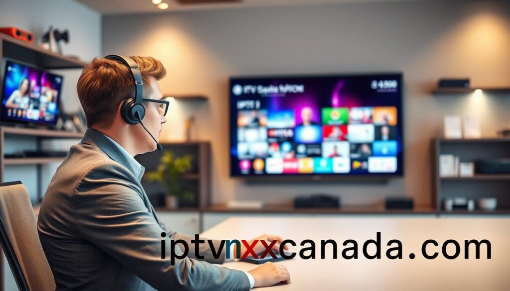 A professional customer support representative seated at a modern desk with dual monitors displaying IPTV service interfaces. The foreground features an engaged, attentive individual wearing a smart business attire, with a headset, focused on assisting a client. In the middle ground, a sleek wall-mounted TV showcases vibrant streaming content, symbolizing IPTV services. The background includes soft, ambient lighting that creates a warm and welcoming atmosphere, with blurred elements of a technology-focused office, such as shelves with gadgets and awards for service reliability. The image captures a sense of professionalism and trustworthiness, highlighting the importance of customer support in the IPTV industry. Include the brand name "iptvmaxcanada.com" subtly incorporated into the design, enhancing the central theme.