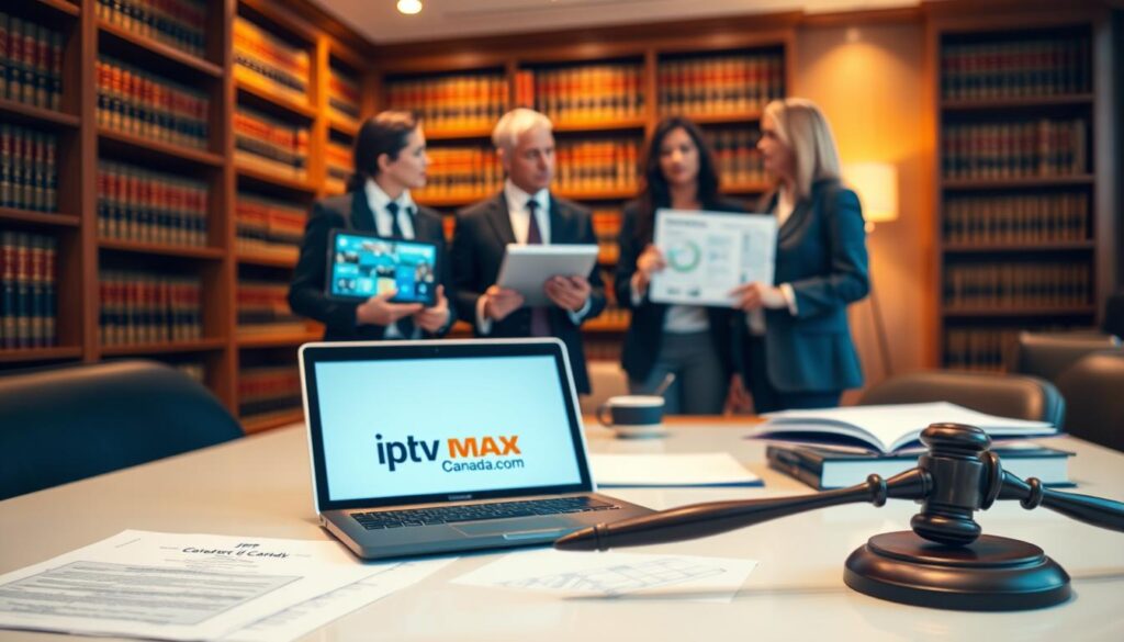 A professional, informative scene depicting "Legal Considerations for IPTV in Canada". In the foreground, a clean, organized desk with legal documents, a laptop displaying the logo "iptvmaxcanada.com", and a gavel, symbolizing legal authority. In the middle ground, a diverse group of three individuals in professional attire engaged in discussion; one holds a tablet, showcasing an IPTV interface, while another points to a chart illustrating Canadian telecommunications laws. The background features a softly blurred law office with shelves of legal books, warm lighting creating a serious yet approachable atmosphere. The image has a slight depth of field effect for focus, capturing a moment of professional discourse on important legal topics. A professional, informative scene depicting "Legal Considerations for IPTV in Canada". In the foreground, a clean, organized desk with legal documents, a laptop displaying the logo "iptvmaxcanada.com", and a gavel, symbolizing legal authority. In the middle ground, a diverse group of three individuals in professional attire engaged in discussion; one holds a tablet, showcasing an IPTV interface, while another points to a chart illustrating Canadian telecommunications laws. The background features a softly blurred law office with shelves of legal books, warm lighting creating a serious yet approachable atmosphere. The image has a slight depth of field effect for focus, capturing a moment of professional discourse on important legal topics.