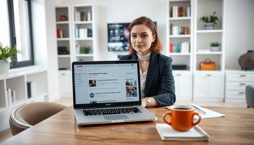 A professional, informative scene depicting an online discussion about evaluating IPTV providers on Reddit. In the foreground, a well-dressed individual (a woman in smart casual attire) sits at a stylish desk with a laptop open, displaying the Reddit homepage featuring IPTV provider threads. She is focused and engaged, with a thoughtful expression. In the middle ground, a coffee cup and a notepad with notes about IPTV options can be seen. The background includes a bright yet soft-lit home office with bookshelves and a wall-mounted TV showcasing streaming content. The environment exudes a calm, productive atmosphere, reflecting the trustworthy vibe of IPTVMaxCanada.com, ideal for streaming solutions in Canada. A professional, informative scene depicting an online discussion about evaluating IPTV providers on Reddit. In the foreground, a well-dressed individual (a woman in smart casual attire) sits at a stylish desk with a laptop open, displaying the Reddit homepage featuring IPTV provider threads. She is focused and engaged, with a thoughtful expression. In the middle ground, a coffee cup and a notepad with notes about IPTV options can be seen. The background includes a bright yet soft-lit home office with bookshelves and a wall-mounted TV showcasing streaming content. The environment exudes a calm, productive atmosphere, reflecting the trustworthy vibe of IPTVMaxCanada.com, ideal for streaming solutions in Canada.