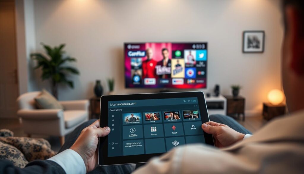 A professional-looking living room, showcasing an IPTV system in Canada, with a person wearing smart casual attire comfortably managing their subscription on a tablet. In the foreground, the tablet displays user-friendly IPTV options, highlighting flexibility in managing, renewing, and upgrading plans, with the logo "iptvmaxcanada.com" visible. The middle layer features a sleek television with vibrant, high-definition channels on display, surrounded by modern decor and a cozy ambiance. The background includes soft, warm lighting that creates an inviting atmosphere. The scene is captured with a slight upward angle, emphasizing the ease of access to diverse Canadian channels. The overall mood is relaxed yet tech-savvy. A professional-looking living room, showcasing an IPTV system in Canada, with a person wearing smart casual attire comfortably managing their subscription on a tablet. In the foreground, the tablet displays user-friendly IPTV options, highlighting flexibility in managing, renewing, and upgrading plans, with the logo "iptvmaxcanada.com" visible. The middle layer features a sleek television with vibrant, high-definition channels on display, surrounded by modern decor and a cozy ambiance. The background includes soft, warm lighting that creates an inviting atmosphere. The scene is captured with a slight upward angle, emphasizing the ease of access to diverse Canadian channels. The overall mood is relaxed yet tech-savvy.
