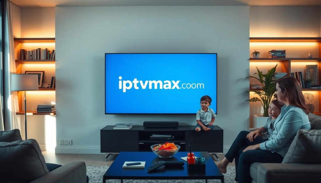 A professional, modern living room setting, featuring a sleek, high-definition television displaying the "iptvmaxcanada.com" logo. In the foreground, a happy family, dressed in smart casual attire, gathers around the TV, interacting and enjoying the IPTV trial experience. The middle ground shows a coffee table adorned with snacks and a remote control, highlighting a comfortable and inviting atmosphere. The background features softly lit shelves with books and plants, creating a warm ambiance. The scene is illuminated with soft, natural light streaming through a window, casting gentle shadows. Capture a mood of trust and satisfaction, emphasizing the significance of IPTV trials in enhancing customer confidence and enjoyment. A professional, modern living room setting, featuring a sleek, high-definition television displaying the "iptvmaxcanada.com" logo. In the foreground, a happy family, dressed in smart casual attire, gathers around the TV, interacting and enjoying the IPTV trial experience. The middle ground shows a coffee table adorned with snacks and a remote control, highlighting a comfortable and inviting atmosphere. The background features softly lit shelves with books and plants, creating a warm ambiance. The scene is illuminated with soft, natural light streaming through a window, casting gentle shadows. Capture a mood of trust and satisfaction, emphasizing the significance of IPTV trials in enhancing customer confidence and enjoyment.