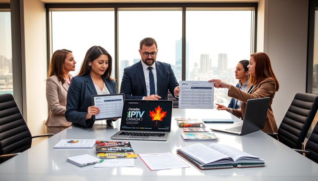 A professional, well-lit office environment with a diverse group of individuals discussing IPTV subscription plans around a sleek conference table. In the foreground, a confident woman in a smart blazer holds a tablet, showing IPTV comparison charts. Beside her, a man in business casual attire points at a laptop displaying the website "iptvmaxcanada.com." The middle ground features documents, colorful brochures, and a notepad filled with notes on different IPTV options. In the background, a large window reveals a cityscape, suggesting a modern Canadian setting. The lighting is warm and inviting, creating a collaborative atmosphere. The overall mood is focused, professional, and informative, reflecting careful consideration in choosing the right IPTV plan.