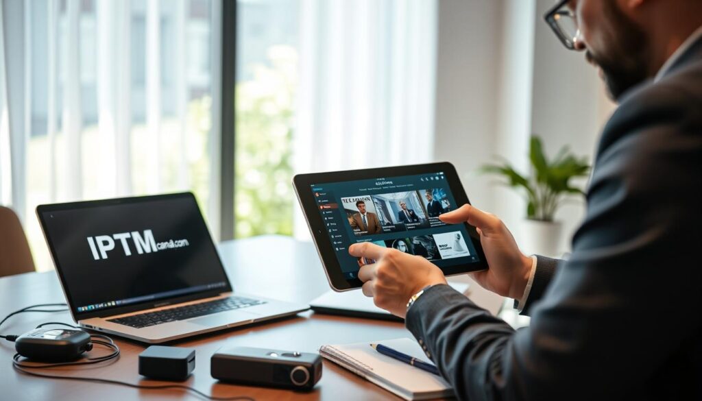 A professional, well-lit workspace showcasing a person evaluating an IPTV app on a modern tablet. In the foreground, a focused user, dressed in smart casual attire, intently navigates the app interface, highlighting usability features. The middle ground features a sleek desk with tech gadgets, an open laptop displaying IPTVMaxCanada.com, and a notepad for notes. In the background, soft natural light filters through a window, creating a warm and inviting atmosphere, with subtle greenery visible outside. The image captures a sense of concentration and evaluation, reflecting the process of assessing usability during the IPTV trial phase. The composition should reflect a clean and organized environment suitable for a professional setting, without any distracting elements. A professional, well-lit workspace showcasing a person evaluating an IPTV app on a modern tablet. In the foreground, a focused user, dressed in smart casual attire, intently navigates the app interface, highlighting usability features. The middle ground features a sleek desk with tech gadgets, an open laptop displaying IPTVMaxCanada.com, and a notepad for notes. In the background, soft natural light filters through a window, creating a warm and inviting atmosphere, with subtle greenery visible outside. The image captures a sense of concentration and evaluation, reflecting the process of assessing usability during the IPTV trial phase. The composition should reflect a clean and organized environment suitable for a professional setting, without any distracting elements.