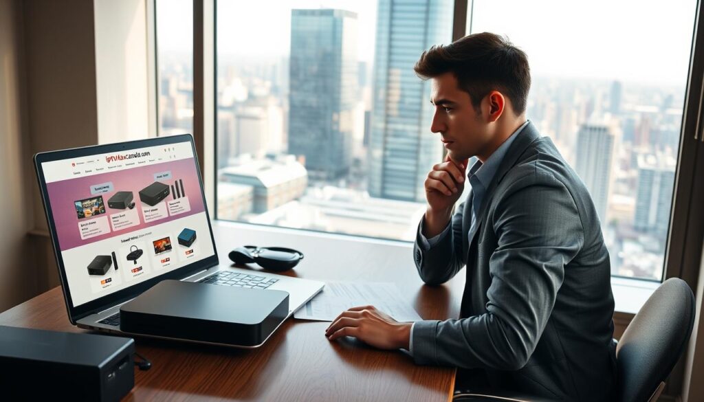 A professional workspace depicting a Canadian user sitting at a modern desk, thoughtfully comparing various IPTV service providers. The foreground features a laptop displaying the website "iptvmaxcanada.com" with clear images of IPTV boxes and streaming options. The middle ground includes printed documents and charts showing comparisons of service features and pricing. In the background, a large window reveals a bustling cityscape, hinting at a Canadian city. The lighting is warm and inviting, casting soft shadows for a cozy yet professional atmosphere. The user, dressed in smart casual attire, appears engaged and focused, creating a mood of decision-making and discovery in the vibrant world of IPTV services. A professional workspace depicting a Canadian user sitting at a modern desk, thoughtfully comparing various IPTV service providers. The foreground features a laptop displaying the website "iptvmaxcanada.com" with clear images of IPTV boxes and streaming options. The middle ground includes printed documents and charts showing comparisons of service features and pricing. In the background, a large window reveals a bustling cityscape, hinting at a Canadian city. The lighting is warm and inviting, casting soft shadows for a cozy yet professional atmosphere. The user, dressed in smart casual attire, appears engaged and focused, creating a mood of decision-making and discovery in the vibrant world of IPTV services.