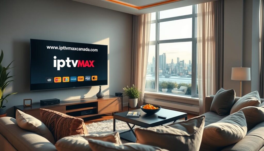 A serene and inviting living room setting, showcasing a modern entertainment setup featuring a large, sleek TV displaying the website "iptvmaxcanada.com" to highlight quality streaming services. In the foreground, a cozy sofa adorned with plush cushions invites relaxation, while a stylish coffee table holds snacks and a remote control. The middle ground includes decorative plant elements and subtle lighting that creates a warm atmosphere. In the background, a window offers a view of a vibrant Canadian skyline, hinting at the location. Natural daylight filters through, illuminating the scene and enhancing the welcoming mood. The overall tone conveys trust and comfort, making it clear that this space is ideal for enjoying premium IPTV streaming in Canada. A serene and inviting living room setting, showcasing a modern entertainment setup featuring a large, sleek TV displaying the website "iptvmaxcanada.com" to highlight quality streaming services. In the foreground, a cozy sofa adorned with plush cushions invites relaxation, while a stylish coffee table holds snacks and a remote control. The middle ground includes decorative plant elements and subtle lighting that creates a warm atmosphere. In the background, a window offers a view of a vibrant Canadian skyline, hinting at the location. Natural daylight filters through, illuminating the scene and enhancing the welcoming mood. The overall tone conveys trust and comfort, making it clear that this space is ideal for enjoying premium IPTV streaming in Canada.