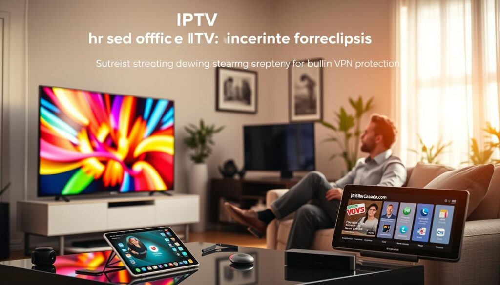 A serene home office setting showcasing the best IPTV streaming experience in Canada. In the foreground, a sleek, modern TV screen displays vibrant streaming content, projecting lively colors. A professional individual, dressed in smart casual attire, sits comfortably on a cozy couch, engaged with the screen. In the middle ground, a stylish coffee table is adorned with tech gadgets, including a tablet displaying the iptvmaxcanada.com interface. The background features soft, diffused lighting with contemporary wall art and plants, creating an inviting atmosphere. The room is illuminated by warm, natural light flowing through a window, enhancing the sense of security and privacy, representing built-in VPN protection. The focus is on a positive, relaxed mood, emphasizing trust in streaming technology for a superior viewing experience.